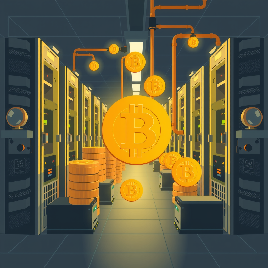 Create a image showing a crypto mining data center which is producing bitcoins or other crypto currencies