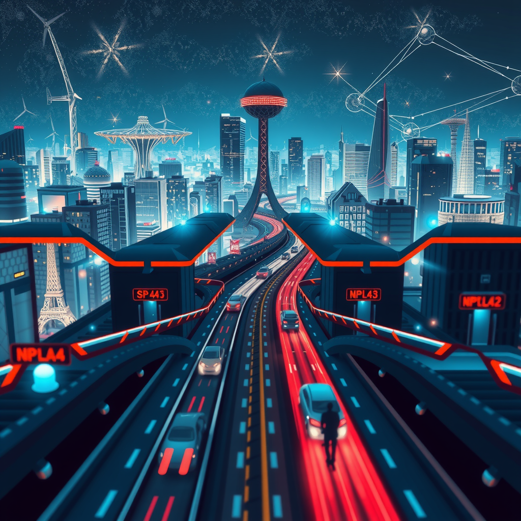 ai-generated image of a futuristic high-speed city with tech innovation hubs, symbolizing speed in development. 