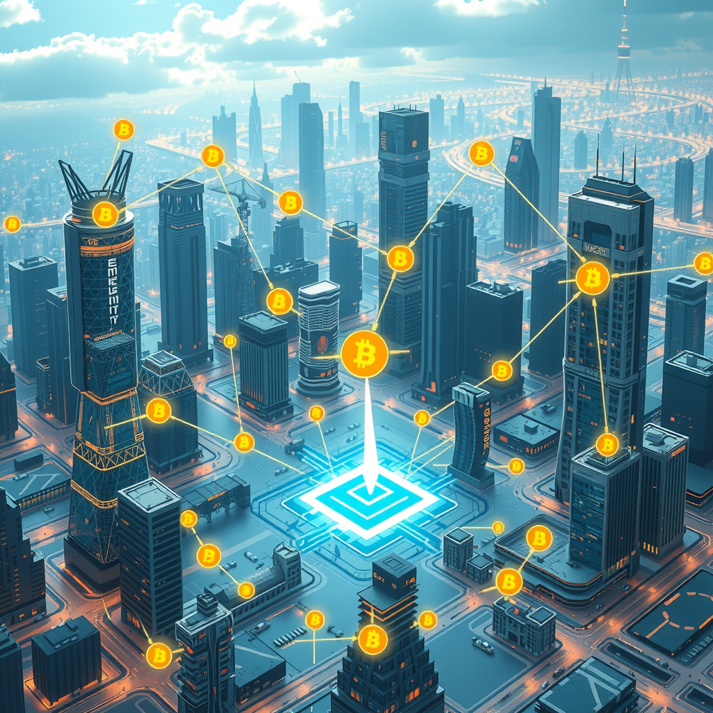 A futuristic city powered by decentralized blockchain nodes, showing a transparent system.