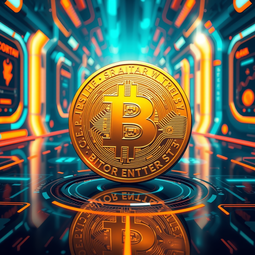 Generate a image showing a bitcoin (BTC) in a futuristic background