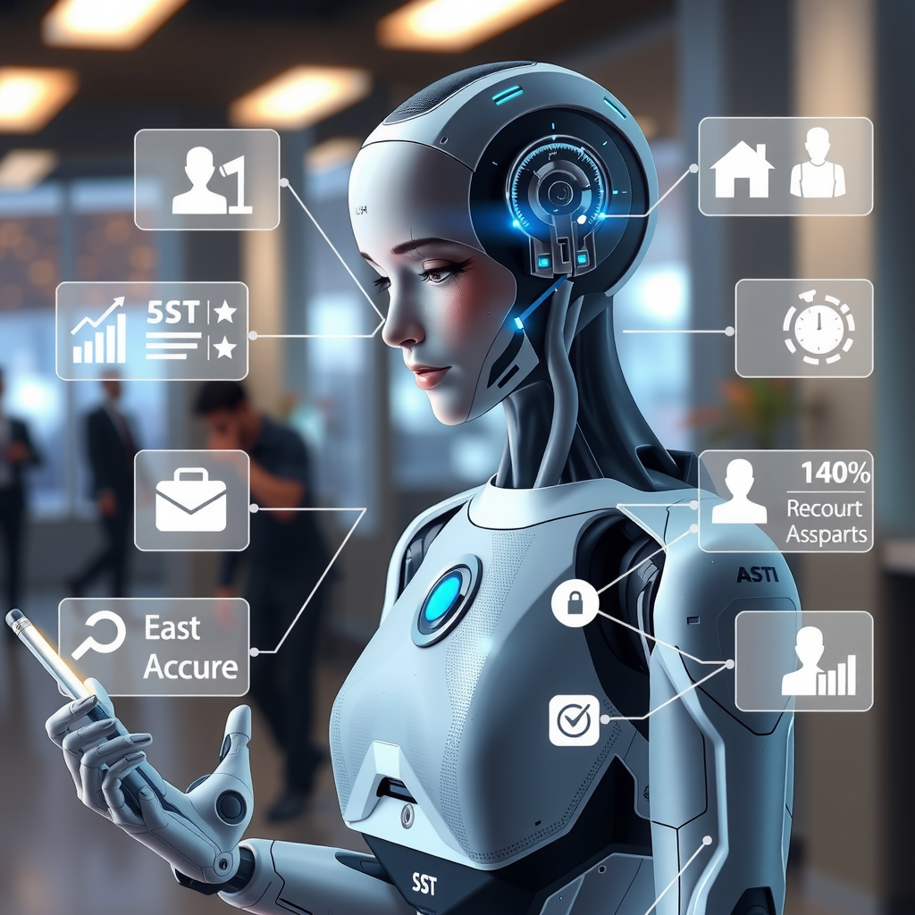A futuristic AI assistant handling various business tasks.