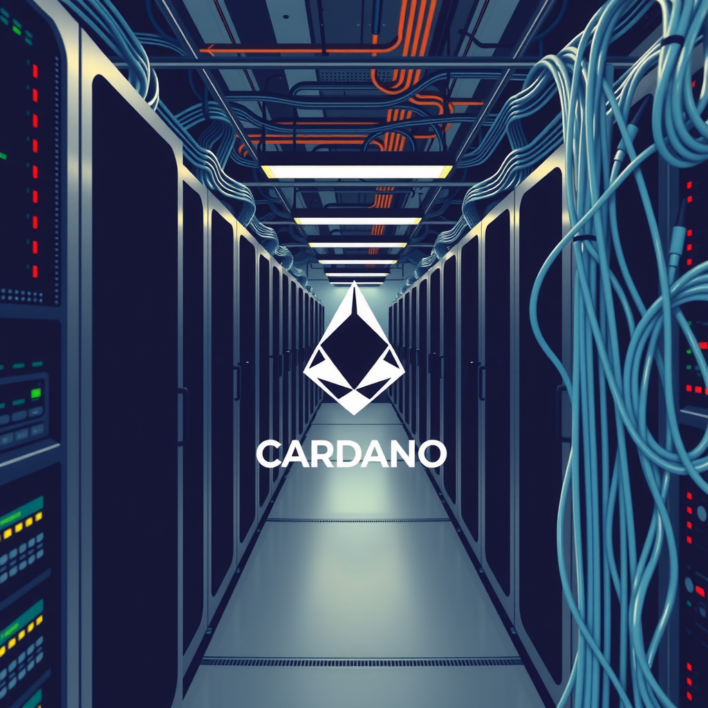 A technical environment with computers, servers, routers and cables mining crypto currencies like cardano ADA.