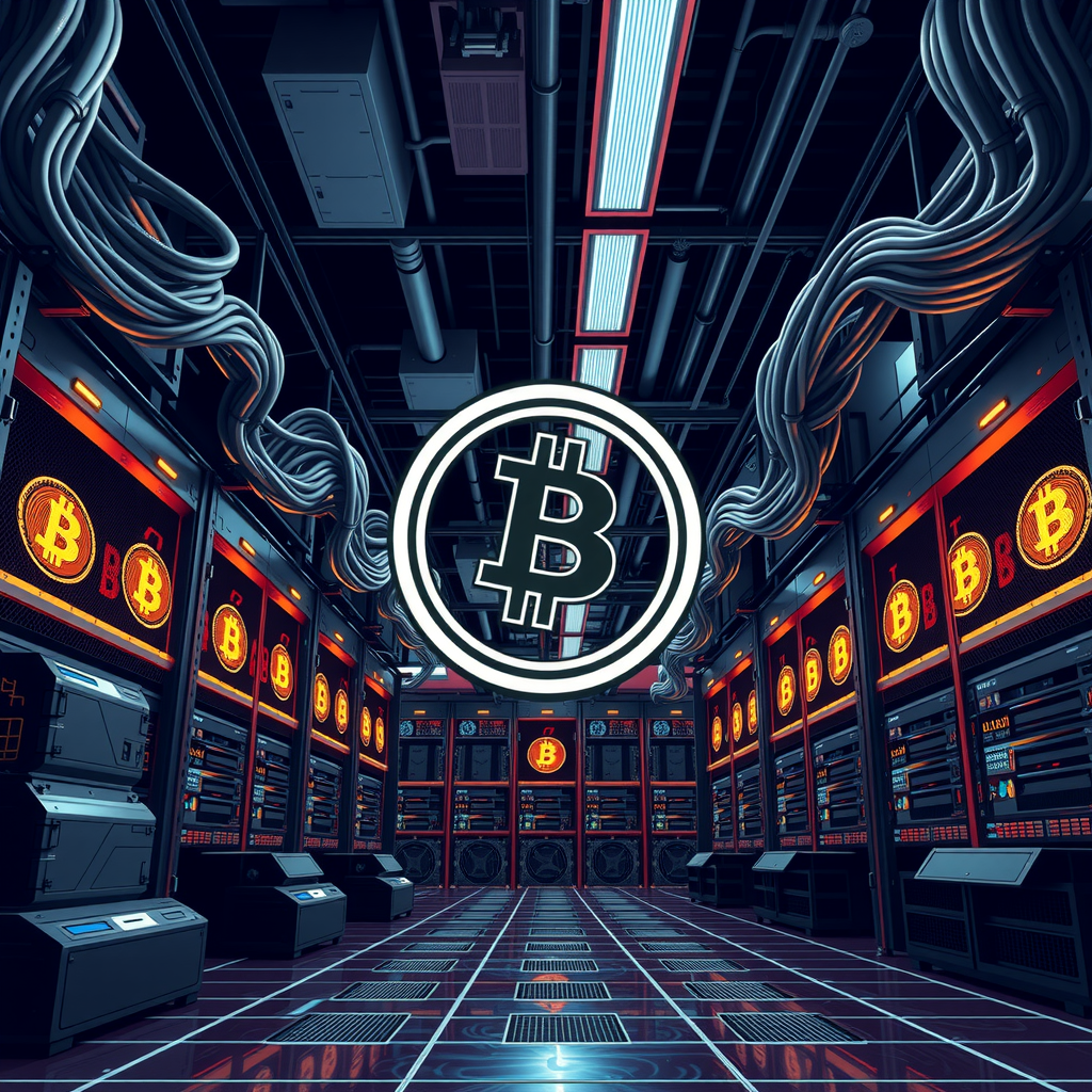 Create a image showing a crypto mining data center which is producing bitcoins or other crypto currencies