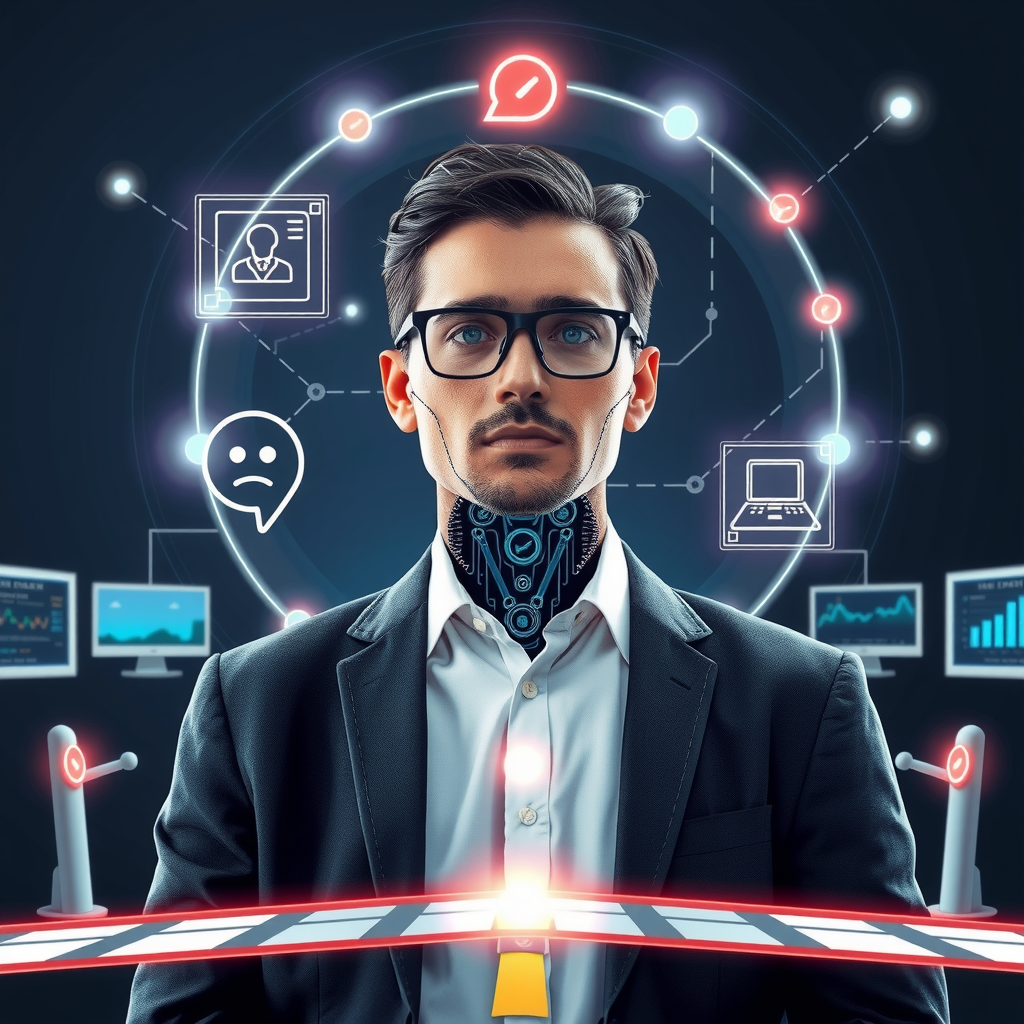 ai-generated image of a business professional facing crossroads, with tech-inspired solutions visualized around them