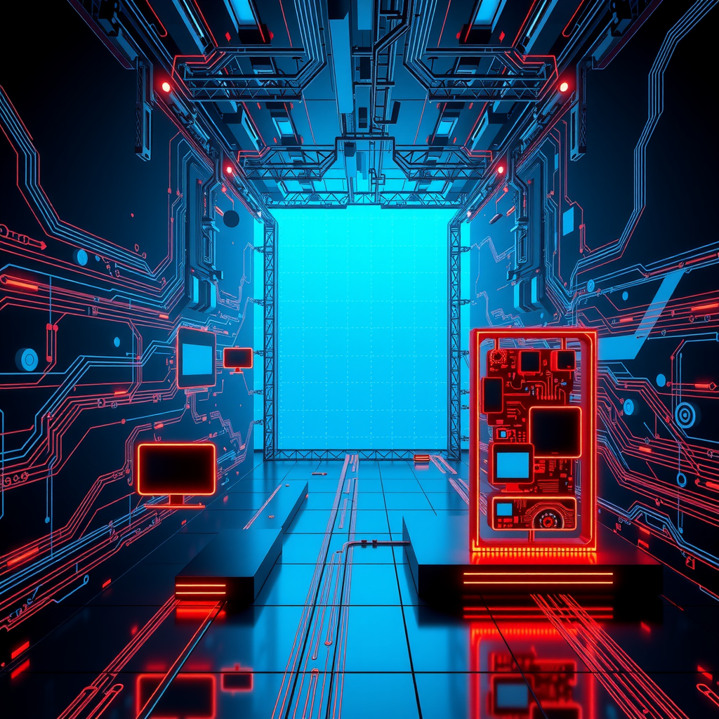Visualize scaling technology and future tech by different backend architecture choices. Create an image that is creating an athmosphere about future technology. 