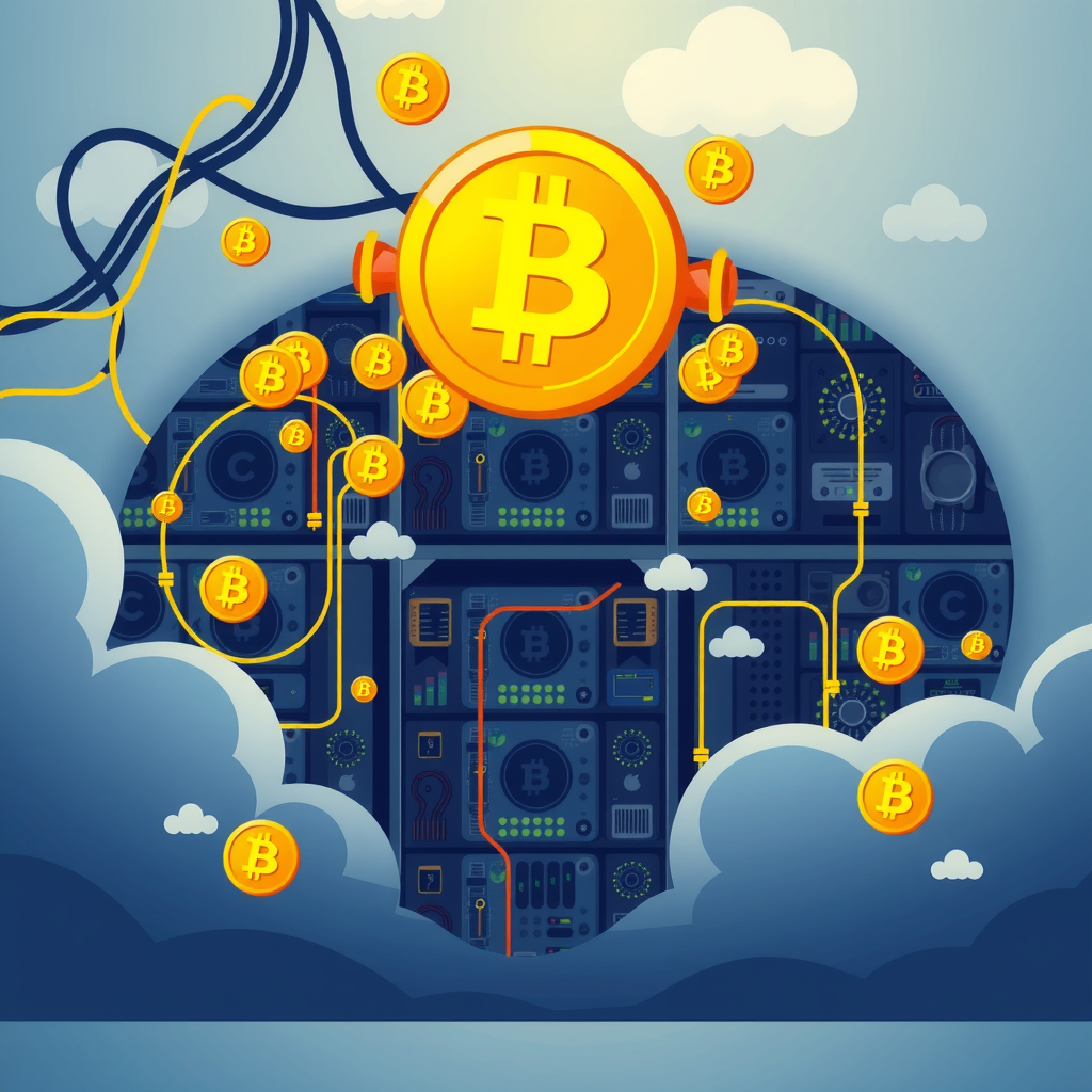 Create a image showing a crypto mining data center which is producing bitcoins or other crypto currencies