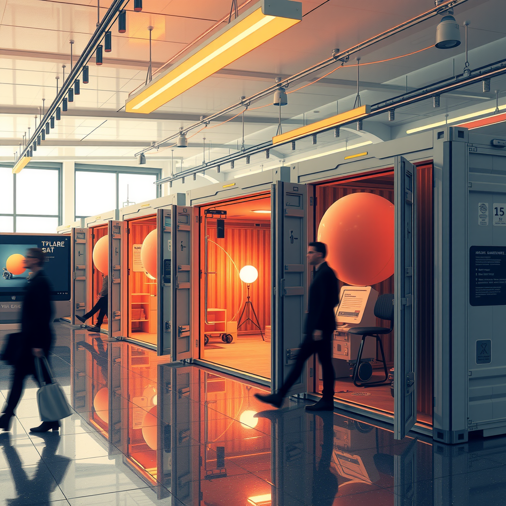 ai-generated image of a futuristic storage-sharing economy, showing people renting out spaces