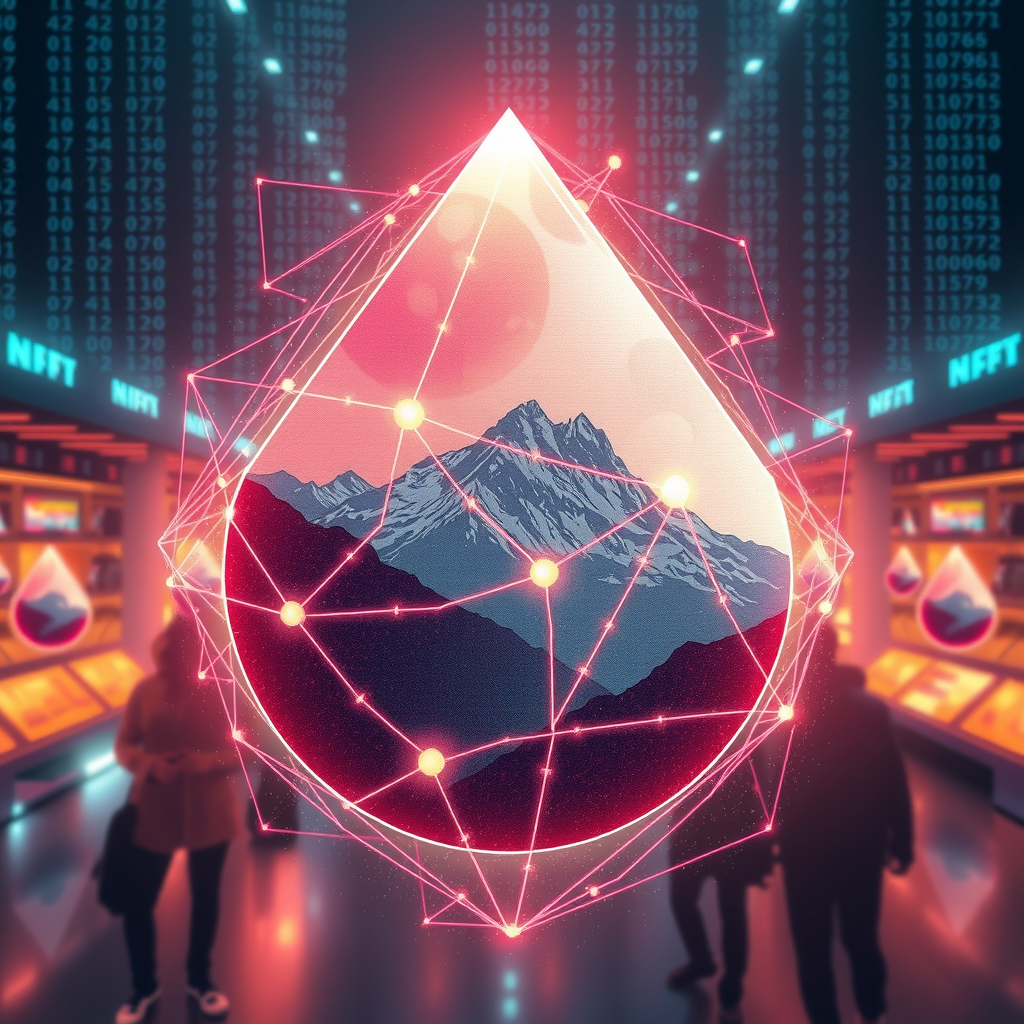 Create an image inspired by the concept of Non-Fungible Tokens or NFTs. The artwork could be a stunning landscape or complex abstract design, surrounded by the ethereal glow of blockchain code strings, hinting at the underpinning technology of NFTs. In the background, portray a digital marketplace, filled with other similar prisms, making a scene that feels futuristic and exploring the excitement and intrigue surrounding the digitized art market.