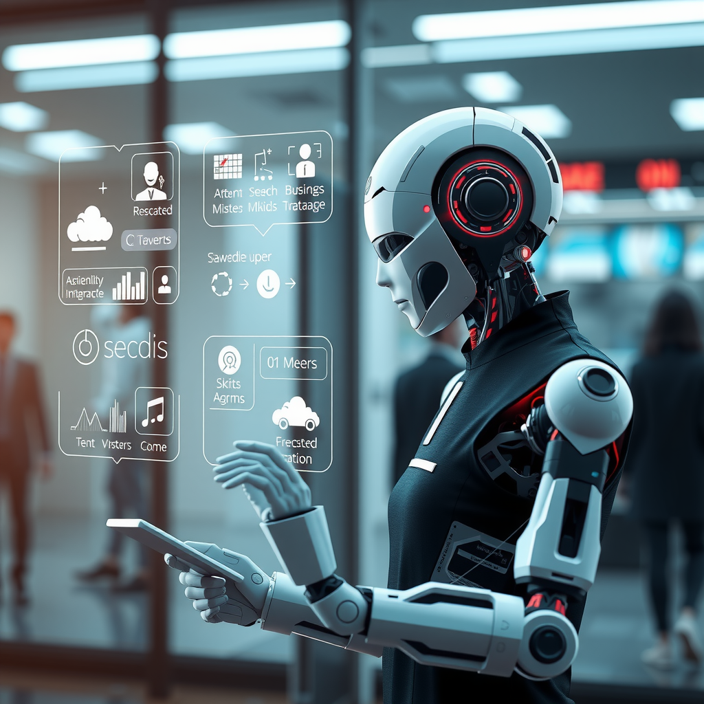 A futuristic AI assistant handling various business tasks.