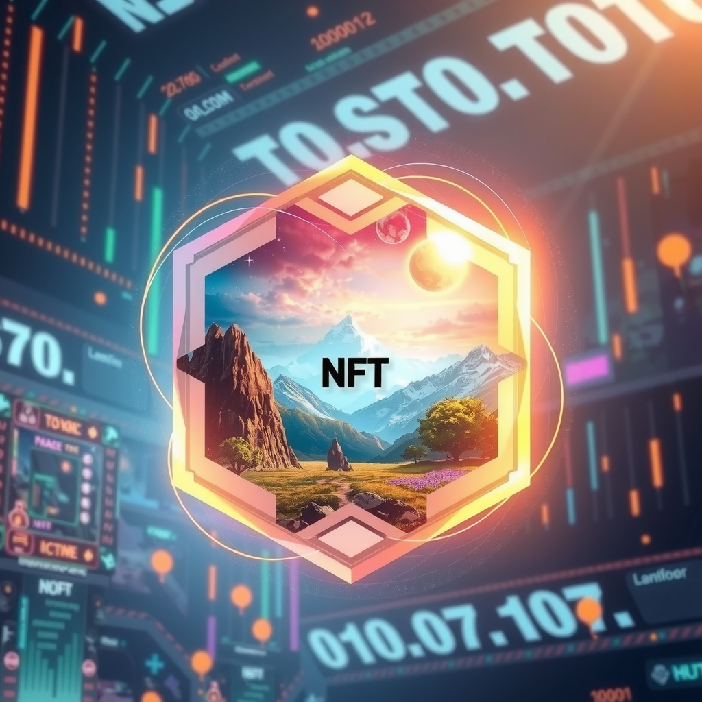 Create an image inspired by the concept of Non-Fungible Tokens or NFTs. The artwork could be a stunning landscape or complex abstract design, surrounded by the ethereal glow of blockchain code strings, hinting at the underpinning technology of NFTs. In the background, portray a digital marketplace, filled with other similar prisms, making a scene that feels futuristic and exploring the excitement and intrigue surrounding the digitized art market.