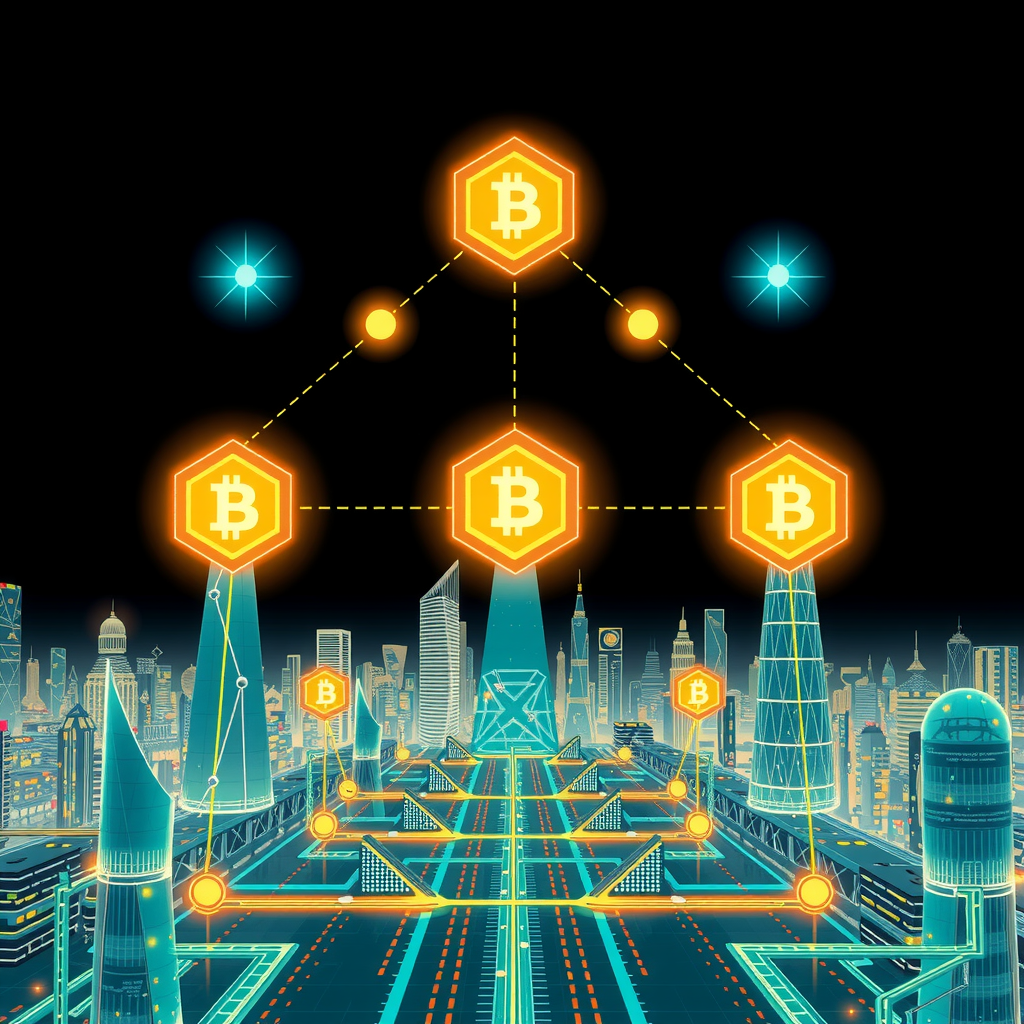 A futuristic city powered by decentralized blockchain nodes, showing a transparent system.