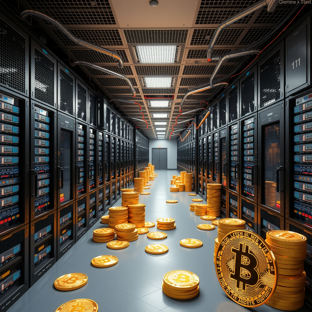 Create a image showing a crypto mining data center which is producing bitcoins or other crypto currencies