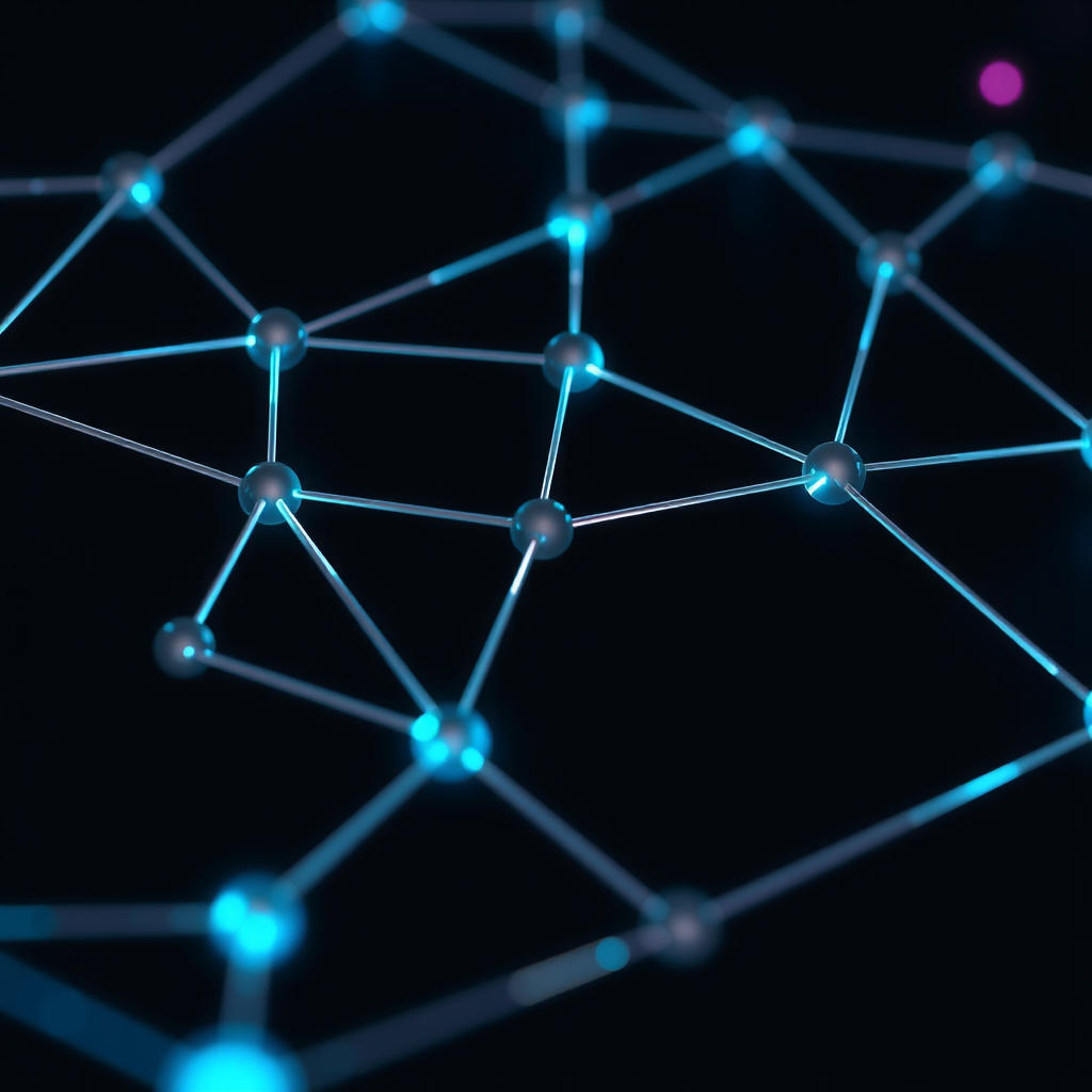 A blockchain which is a network of nodes and edges with a dark background and some blinking showing activity and transactions in the blockchain.