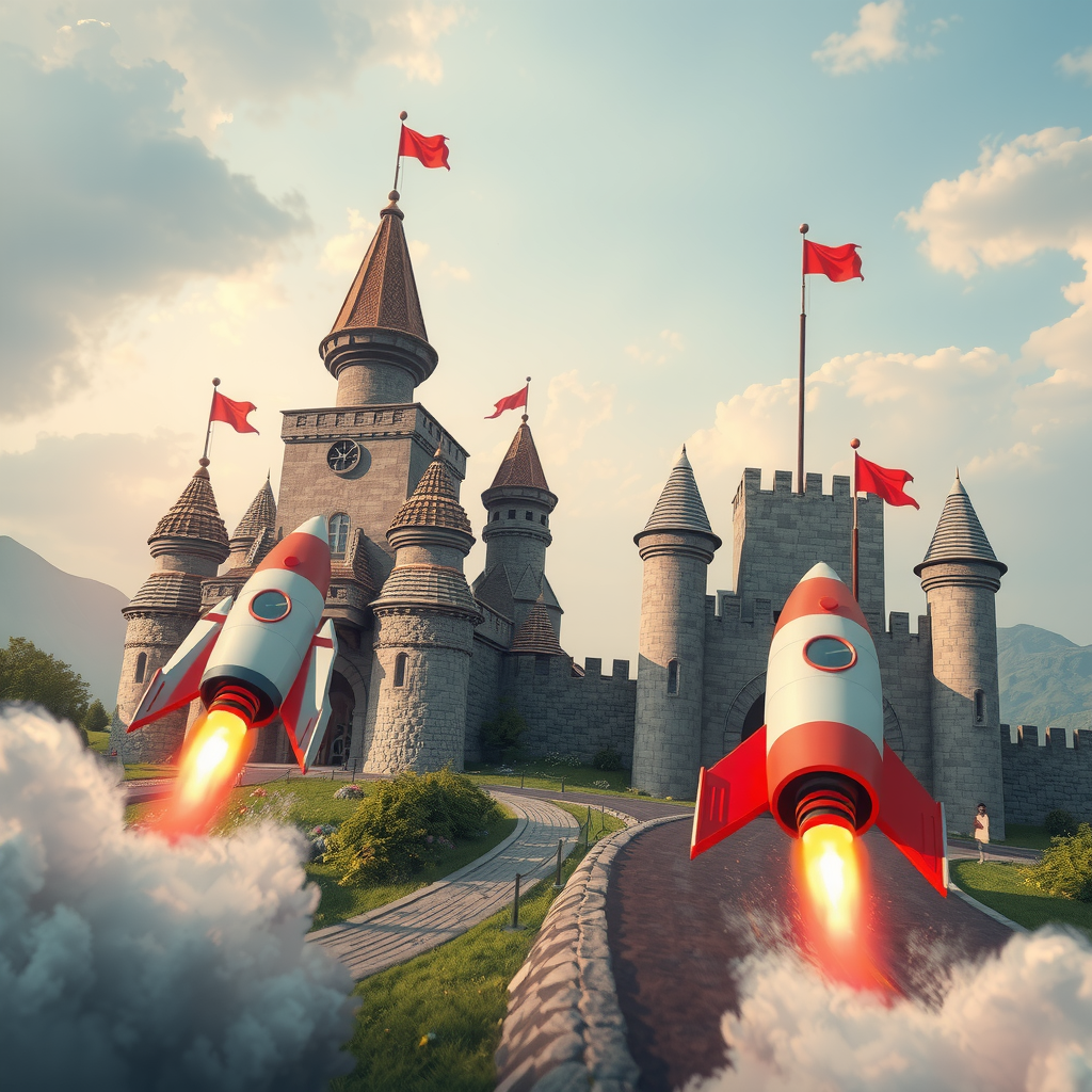 A race between a rocket (speed) and a fortified castle (stability).
