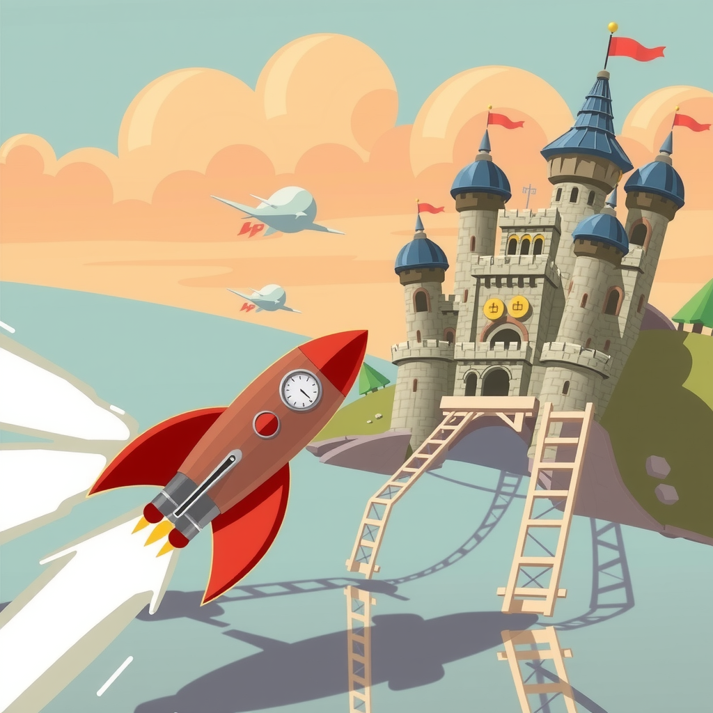 A race between a rocket (speed) and a fortified castle (stability).