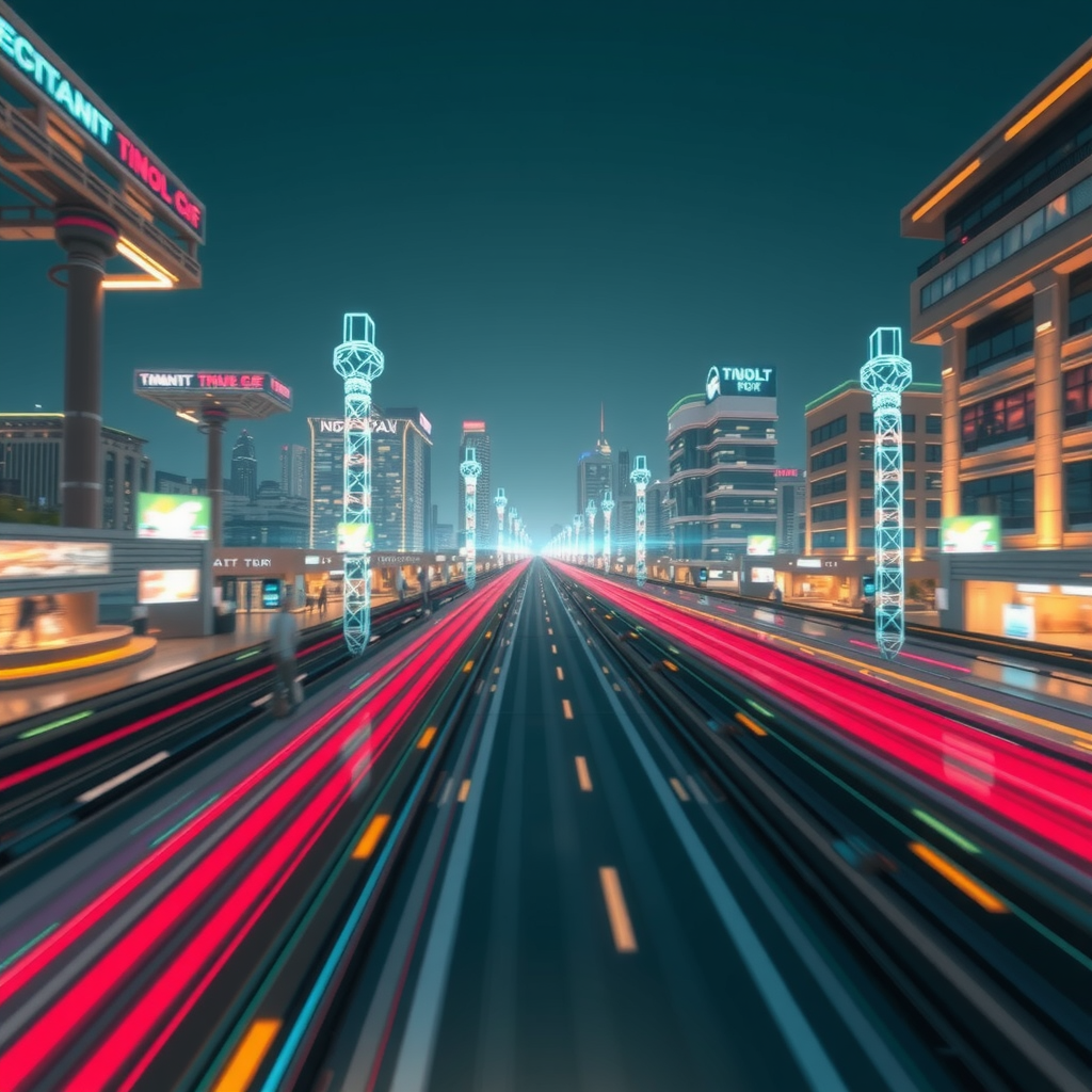 ai-generated image of a futuristic high-speed city with tech innovation hubs, symbolizing speed in development. 