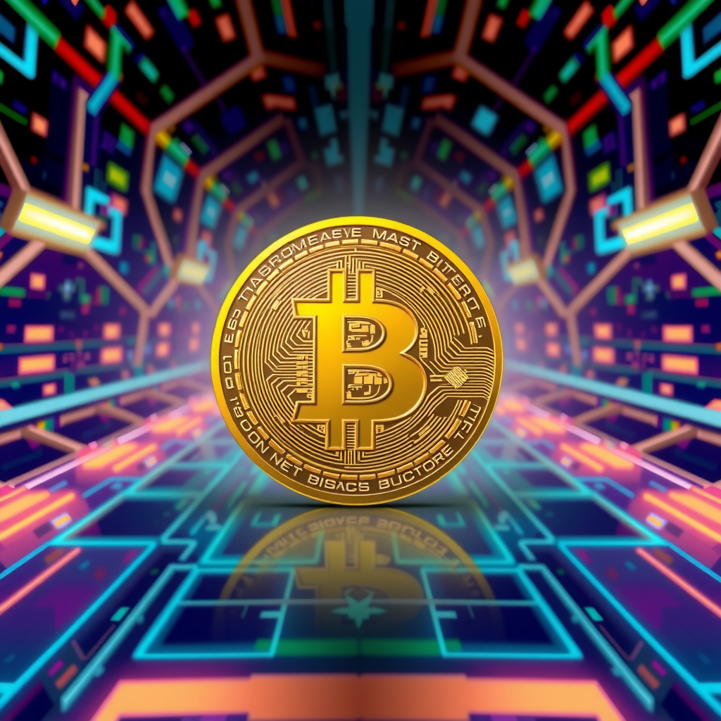 Generate a image showing a bitcoin (BTC) in a futuristic background