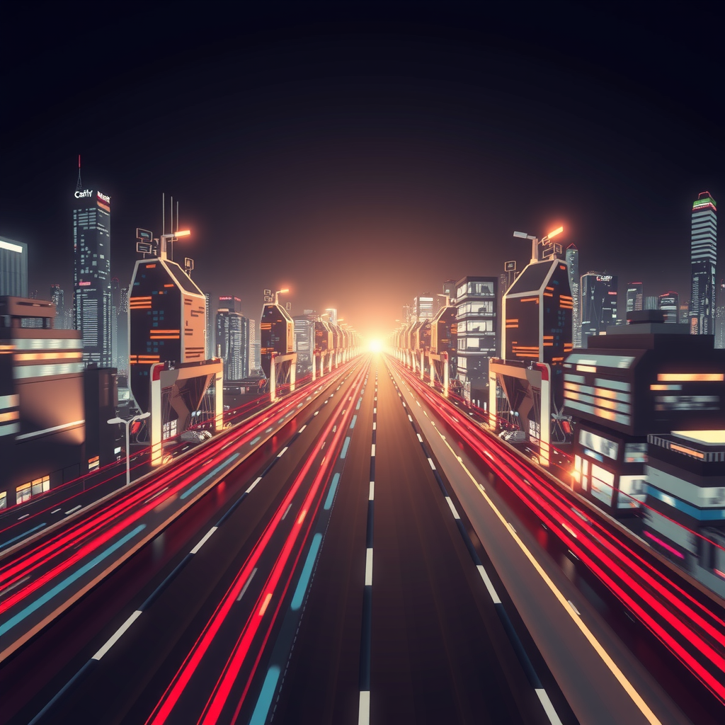 ai-generated image of a futuristic high-speed city with tech innovation hubs, symbolizing speed in development. 