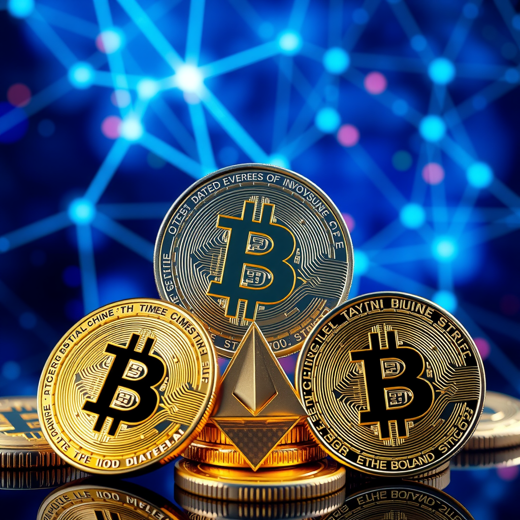 Create a image showing coins with a crypto logo to illustrate crypto currency. You can use the BTC, ETH, or similar famous crypto logo. The background can be abstract and futuristic e.g show a blockchain which is a network with nodes and edges