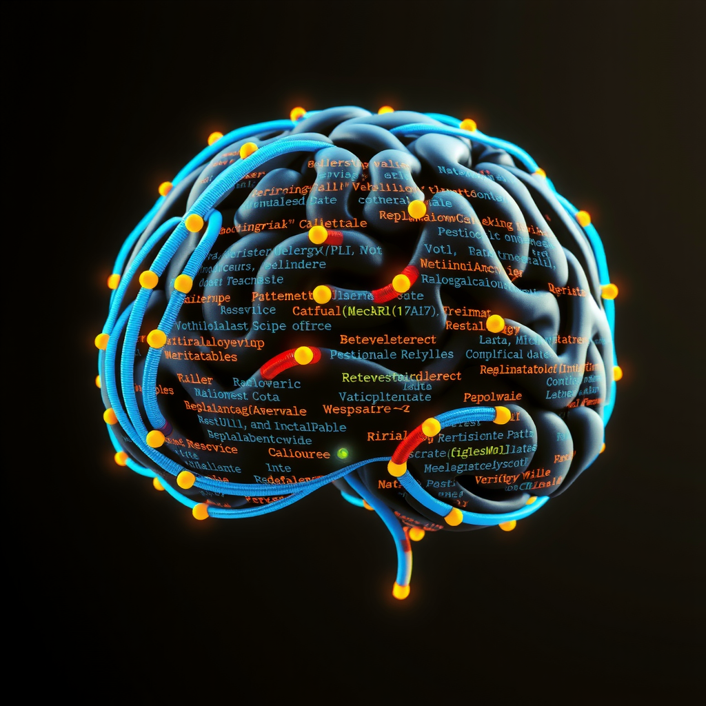 ai-generated image of a digital brain made of code and data, symbolizing complex algorithmic thinking