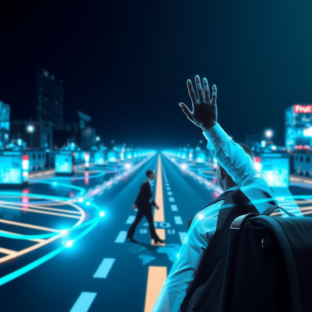 ai-generated image of a business professional facing crossroads, with tech-inspired solutions visualized around them