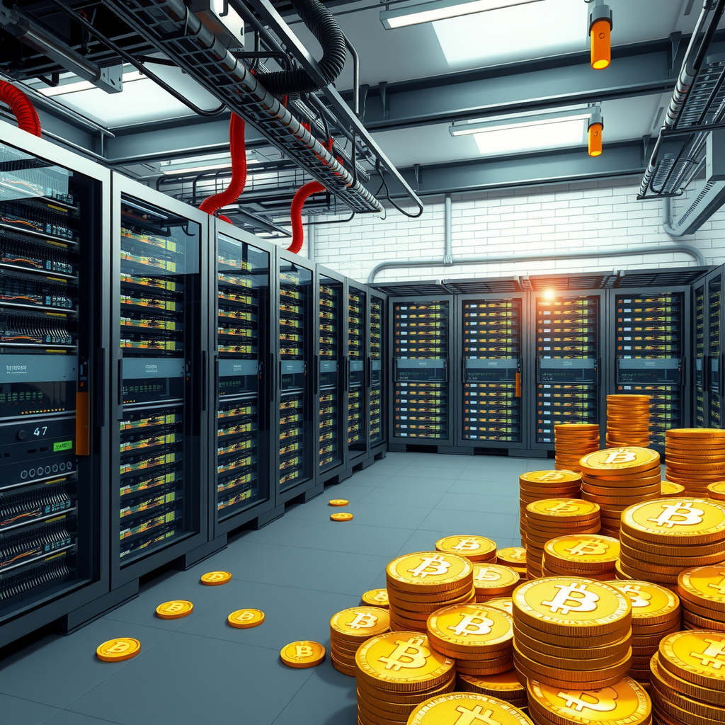 Create a image showing a crypto mining data center which is producing bitcoins or other crypto currencies