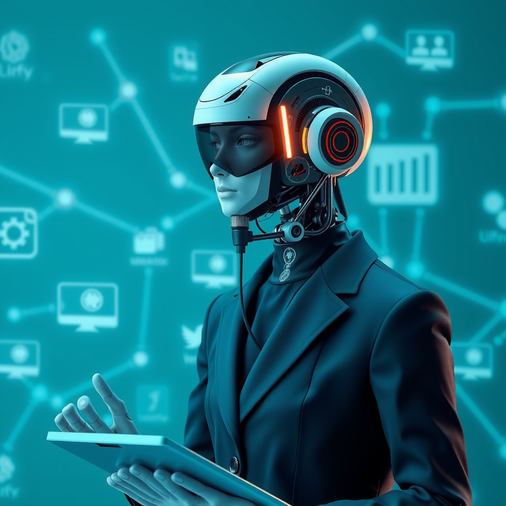 A futuristic AI assistant handling various business tasks.