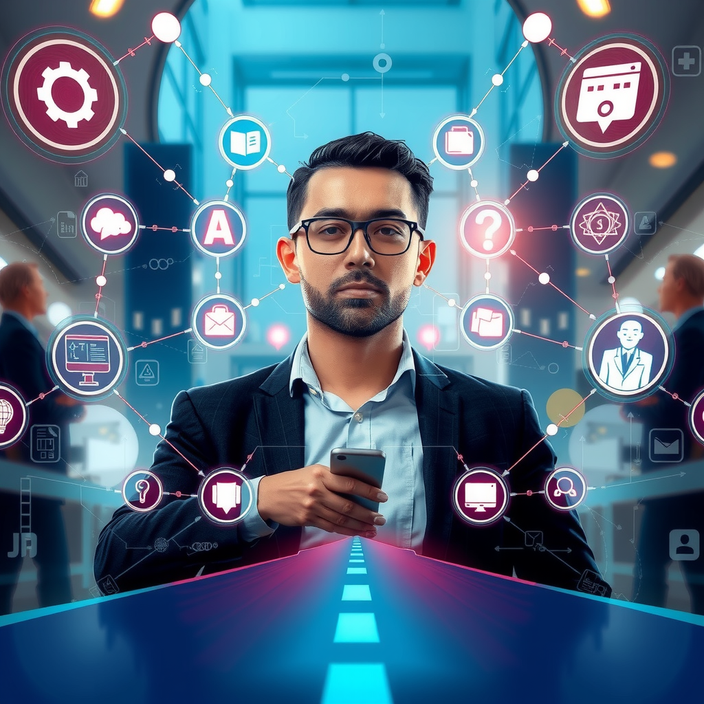 ai-generated image of a business professional facing crossroads, with tech-inspired solutions visualized around them
