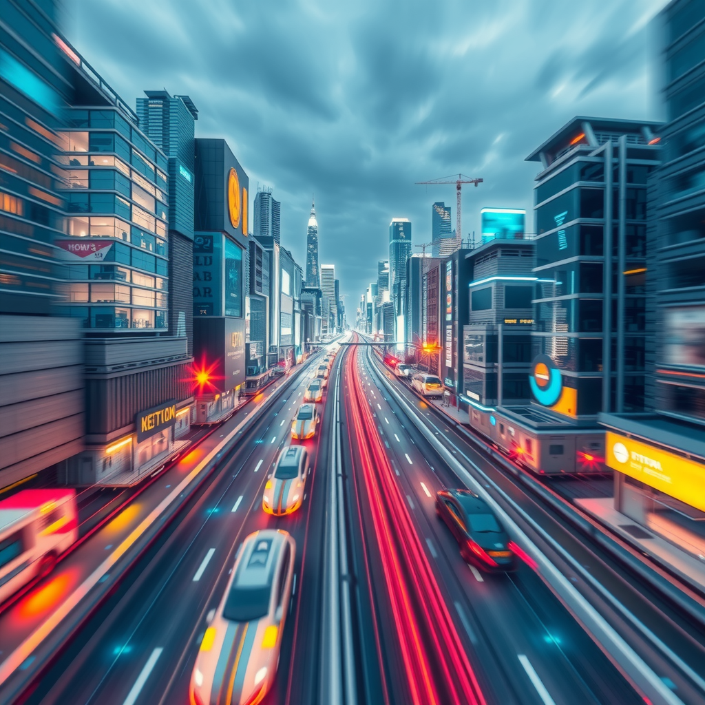 ai-generated image of a futuristic high-speed city with tech innovation hubs, symbolizing speed in development. 