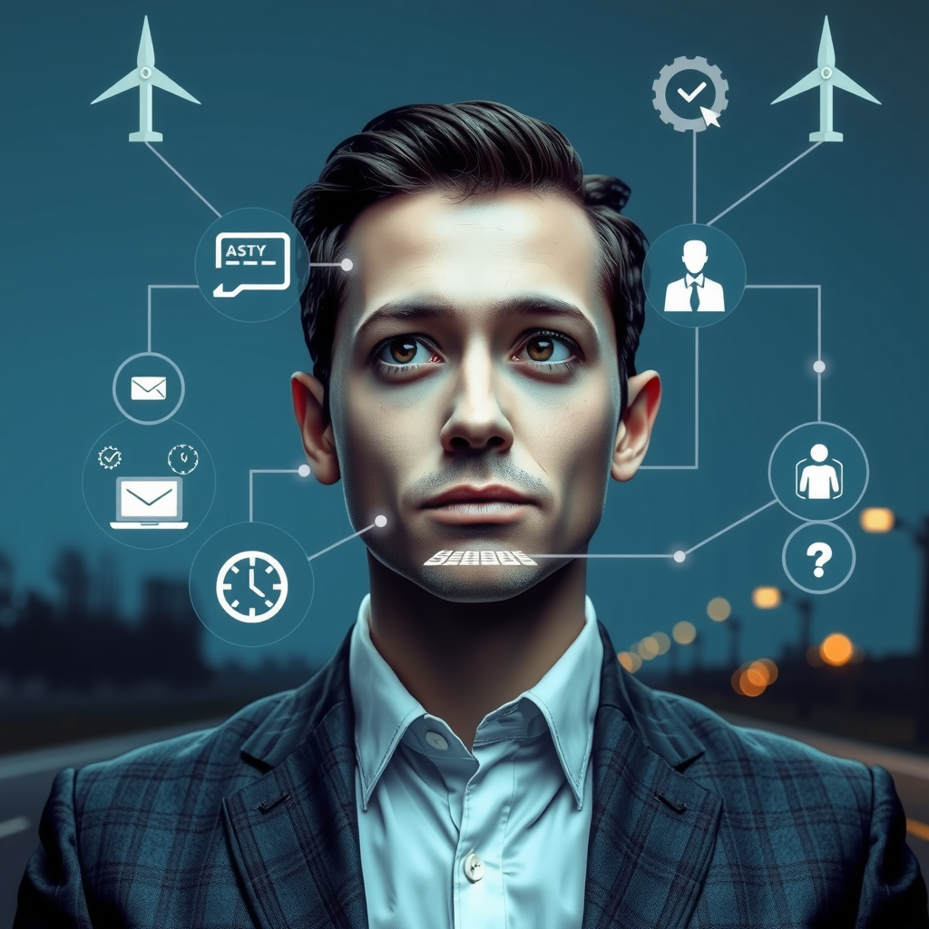 ai-generated image of a business professional facing crossroads, with tech-inspired solutions visualized around them