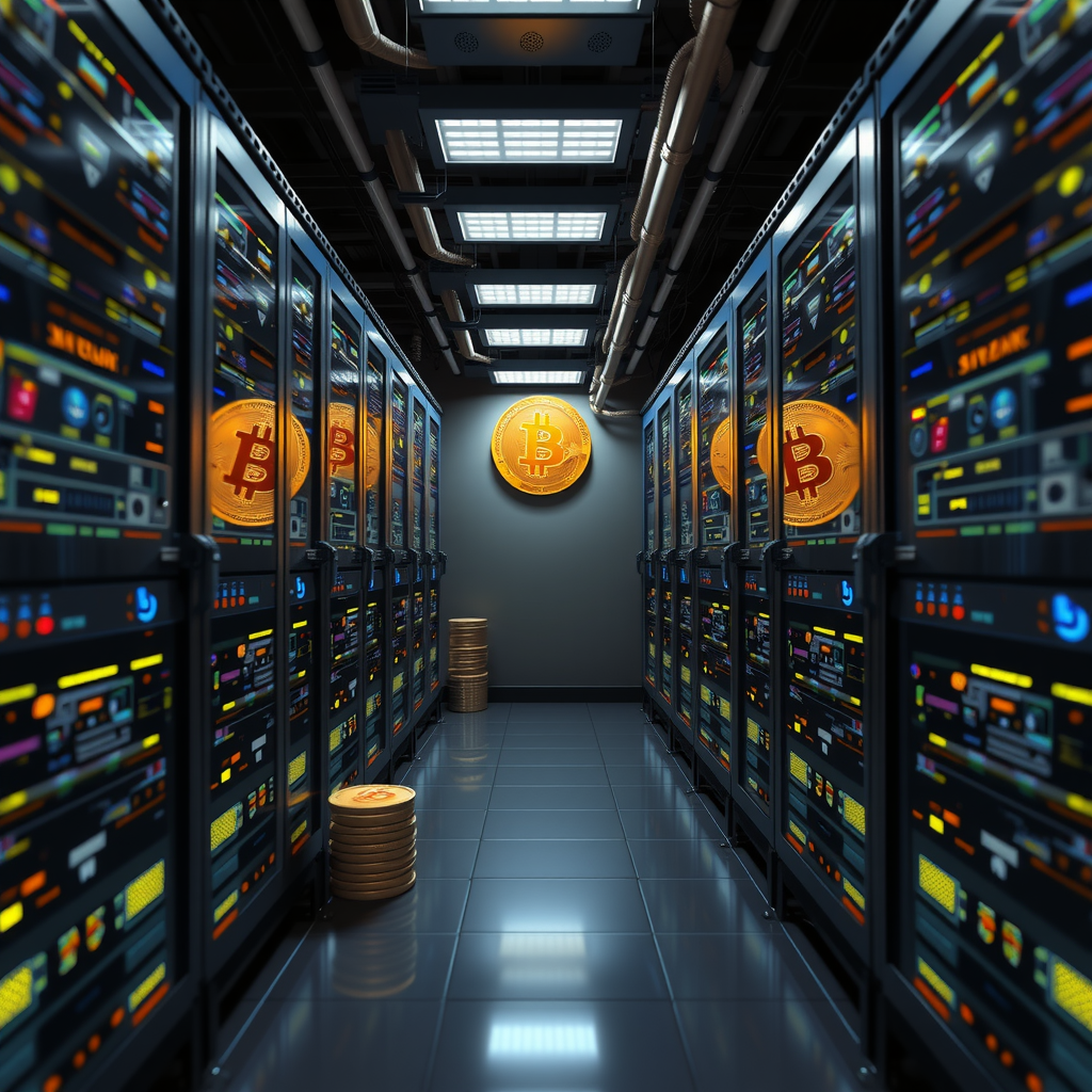 Create a image showing a crypto mining data center which is producing bitcoins or other crypto currencies
