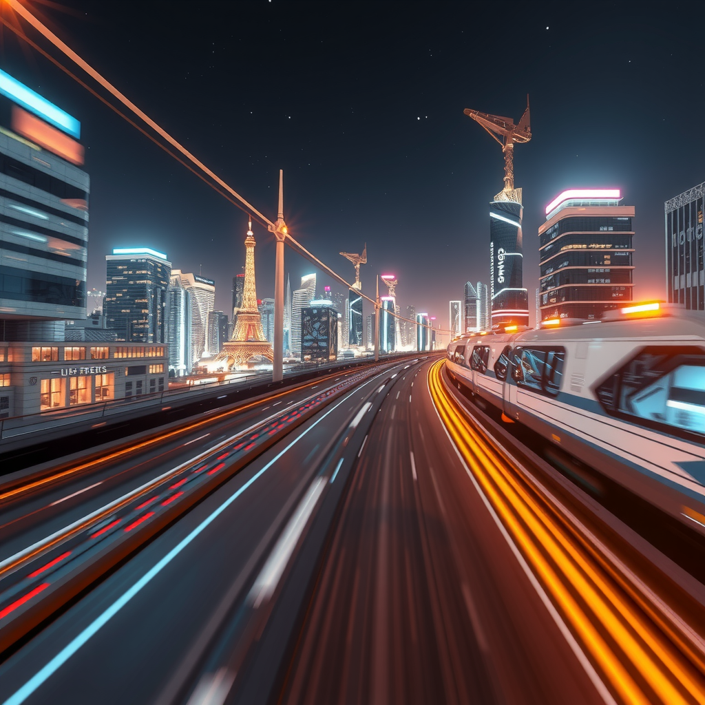 ai-generated image of a futuristic high-speed city with tech innovation hubs, symbolizing speed in development. 