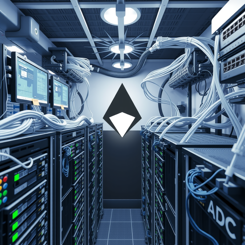 A technical environment with computers, servers, routers and cables mining crypto currencies like cardano ADA.