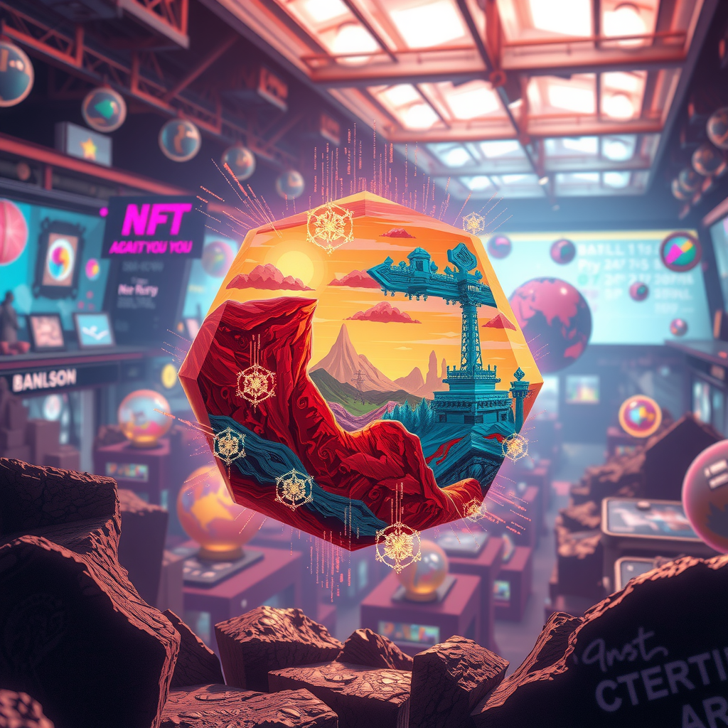 Create an image inspired by the concept of Non-Fungible Tokens or NFTs. The artwork could be a stunning landscape or complex abstract design, surrounded by the ethereal glow of blockchain code strings, hinting at the underpinning technology of NFTs. In the background, portray a digital marketplace, filled with other similar prisms, making a scene that feels futuristic and exploring the excitement and intrigue surrounding the digitized art market.