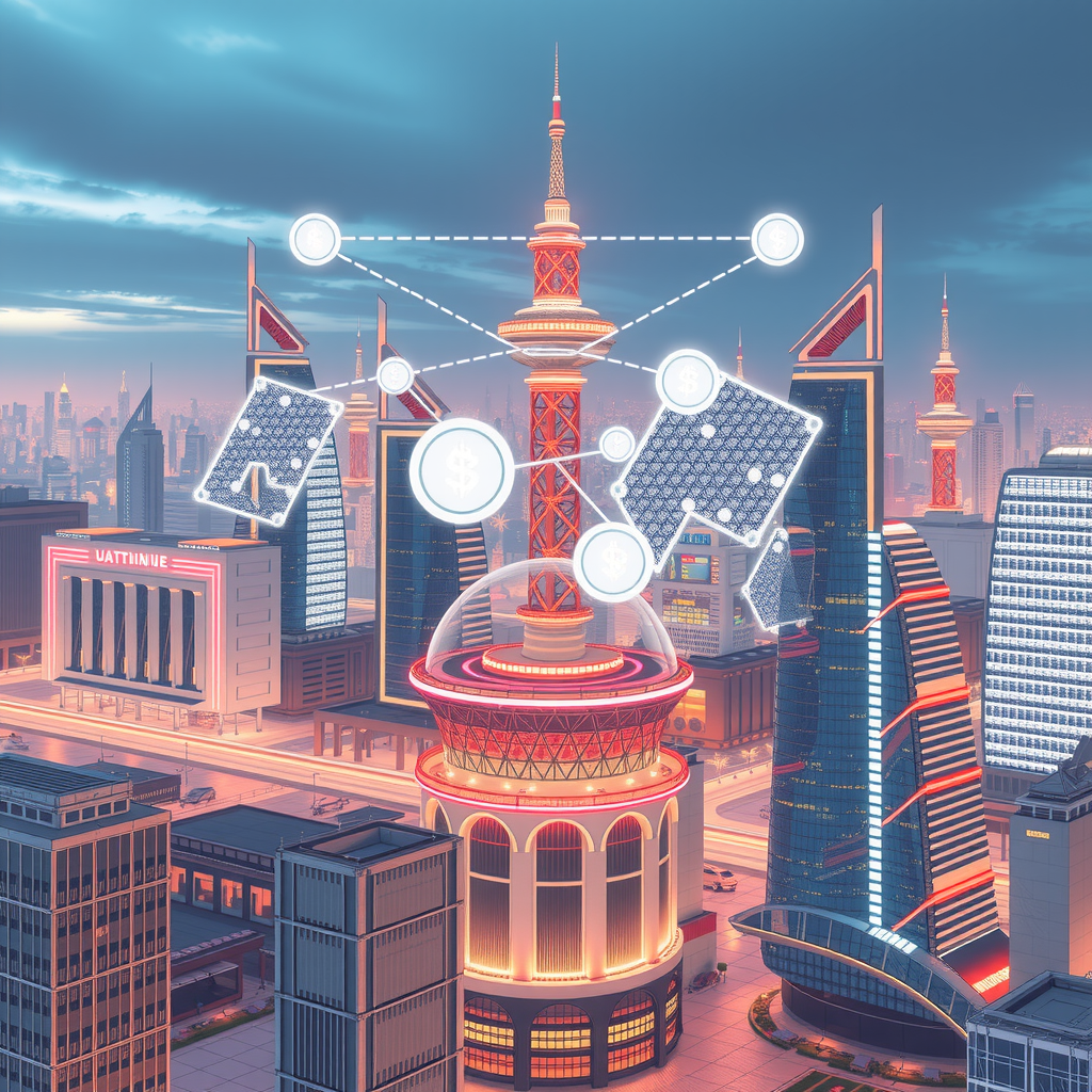 A futuristic city powered by decentralized blockchain nodes, showing a transparent system.