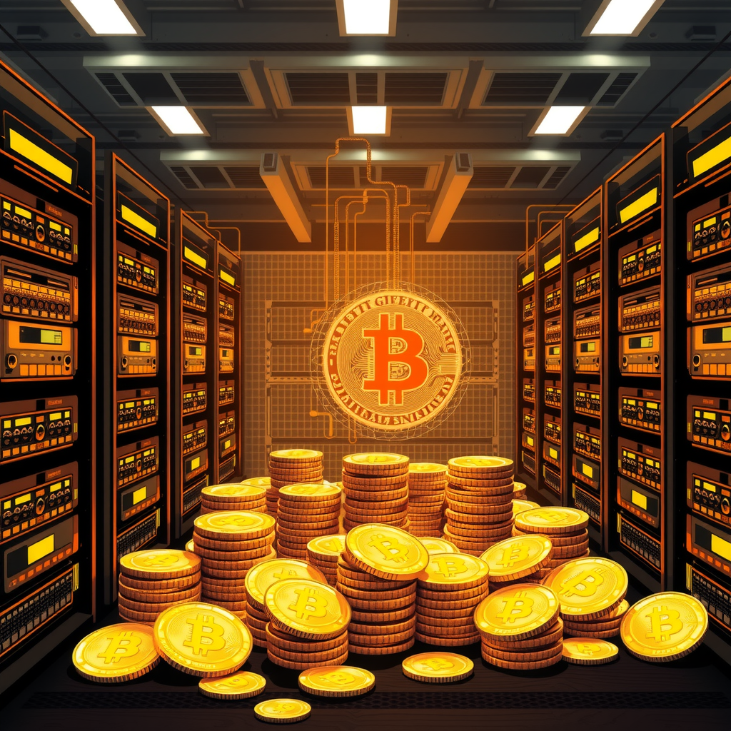 Create a image showing a crypto mining data center which is producing bitcoins or other crypto currencies