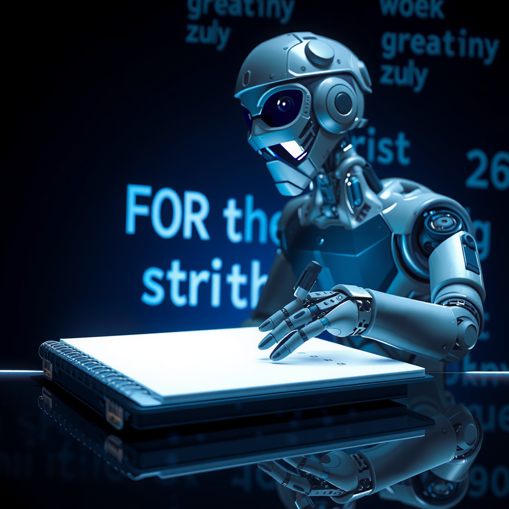 ai-generated image of an AI robot writing on a digital notepad, with words forming dynamically