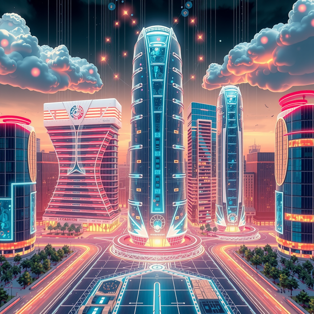 A futuristic city powered by decentralized blockchain nodes, showing a transparent system.