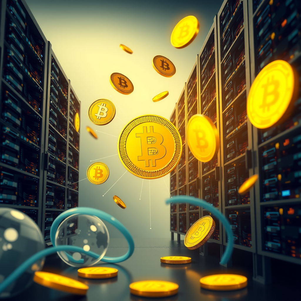 Create a image showing a crypto mining data center which is producing bitcoins or other crypto currencies