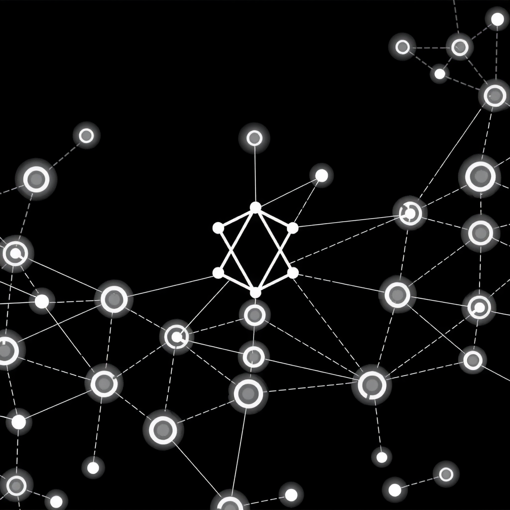 Create an image showing a blockchain in a abstract way with nodes and edges. A kind of network that is running the blockchain.