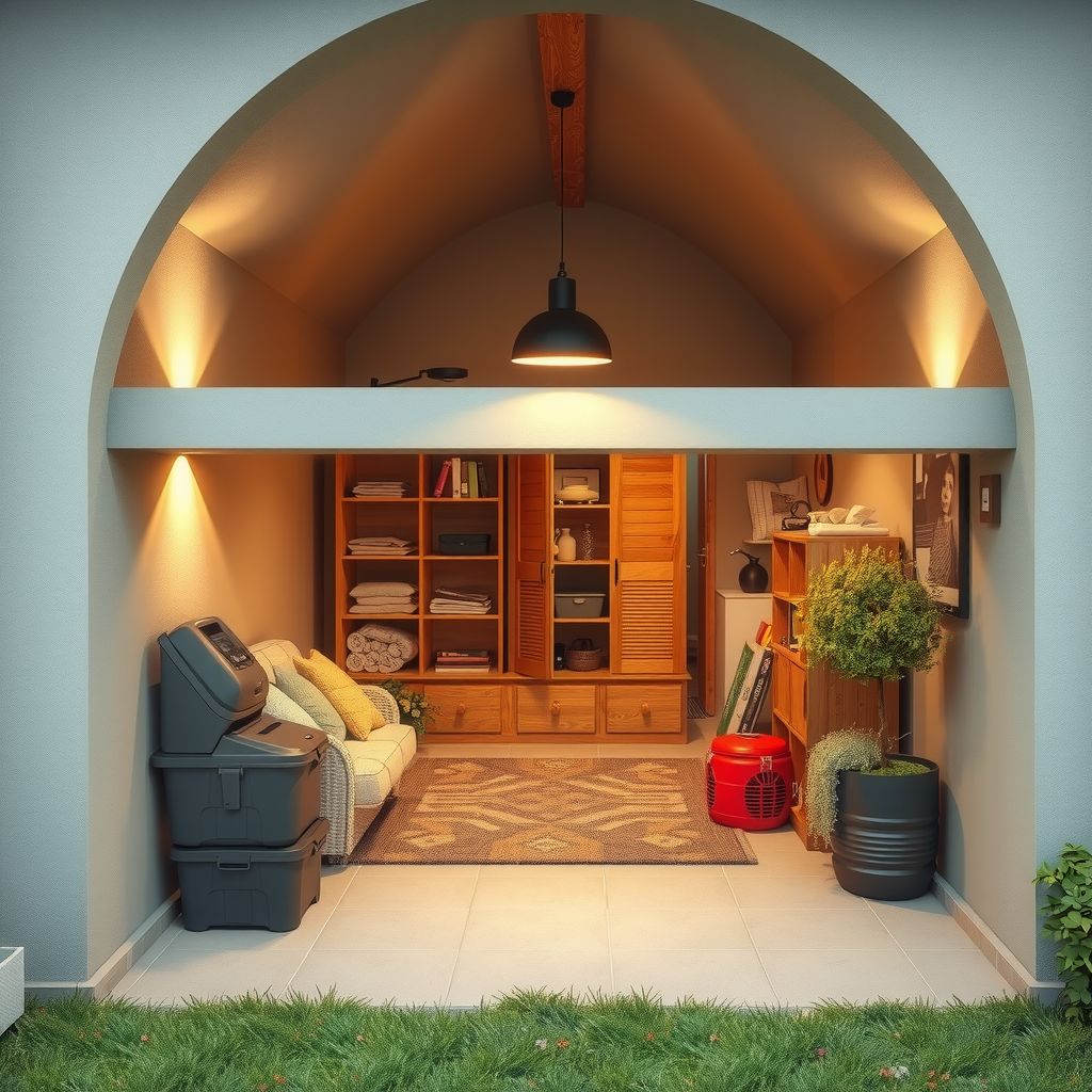 Erstelle ein Bild das zeigt wie private Lagerungsräume aussehen könnten wie z.B. ein Keller, ein Raum in einer Wohnung oder Einfamilienhaus. Es könnte auch eine Garage sein oder ein andere Ort indem man gut Sachen lagern kann.