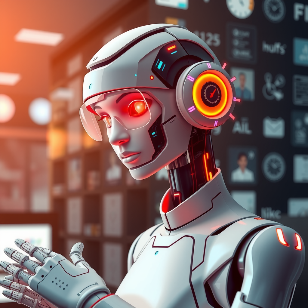 A futuristic AI assistant handling various business tasks.