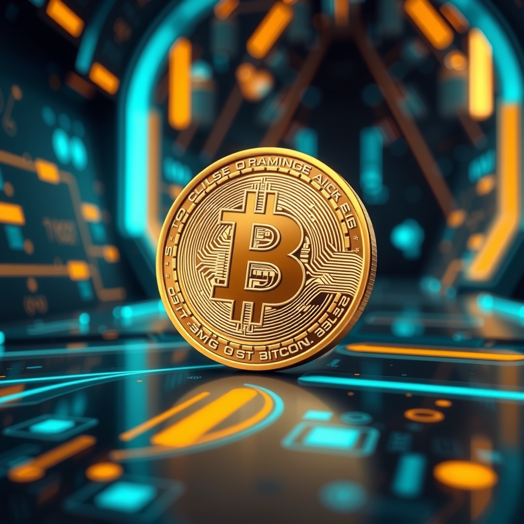 Generate a image showing a bitcoin (BTC) in a futuristic background