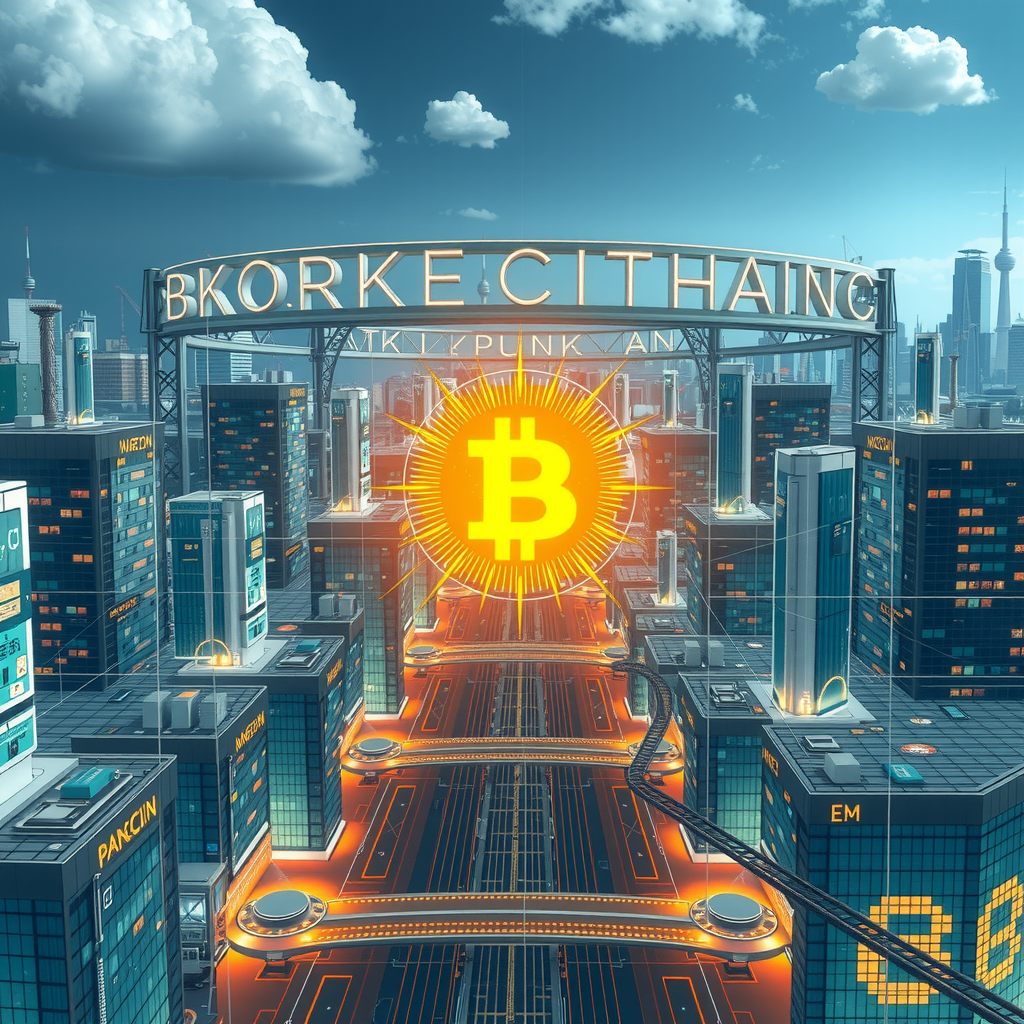 A futuristic city powered by decentralized blockchain nodes, showing a transparent system.