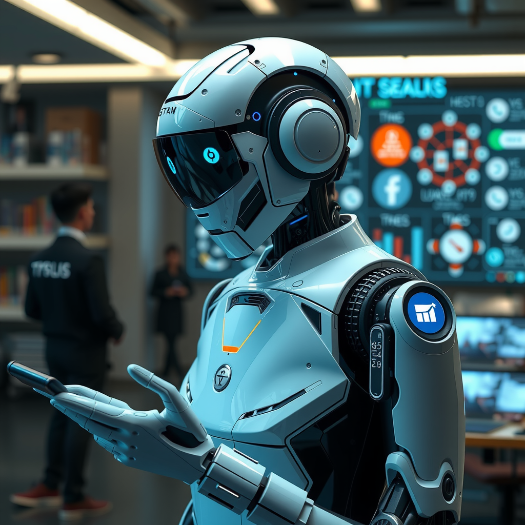 A futuristic AI assistant handling various business tasks.