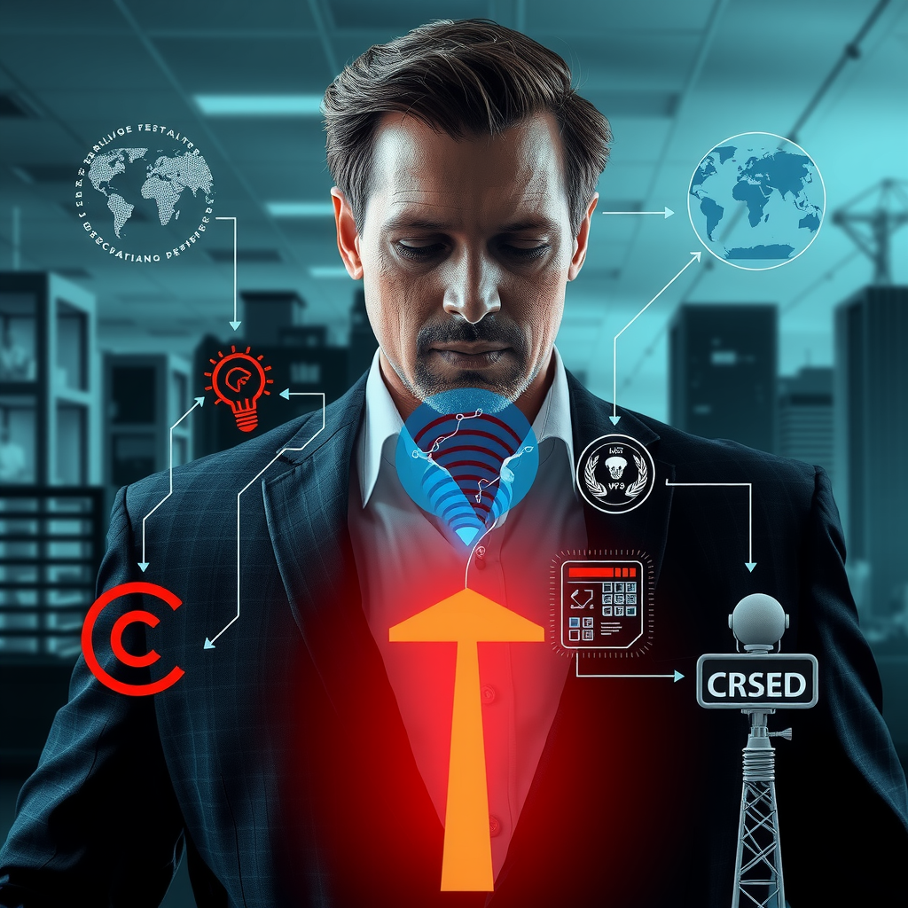 ai-generated image of a business professional facing crossroads, with tech-inspired solutions visualized around them