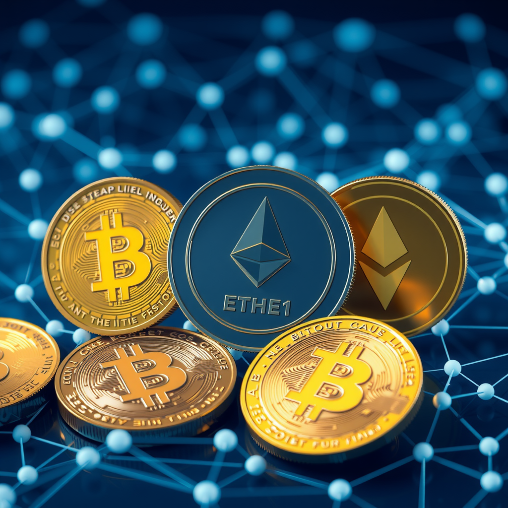 Create a image showing coins with a crypto logo to illustrate crypto currency. You can use the BTC, ETH, or similar famous crypto logo. The background can be abstract and futuristic e.g show a blockchain which is a network with nodes and edges