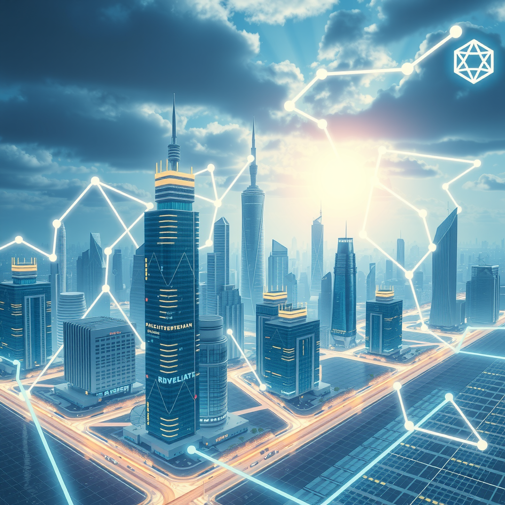 A futuristic city powered by decentralized blockchain nodes, showing a transparent system.