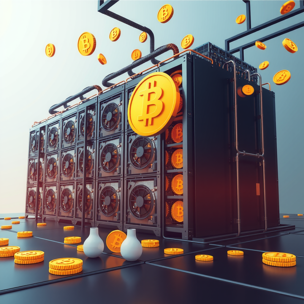 Create a image showing a crypto mining data center which is producing bitcoins or other crypto currencies