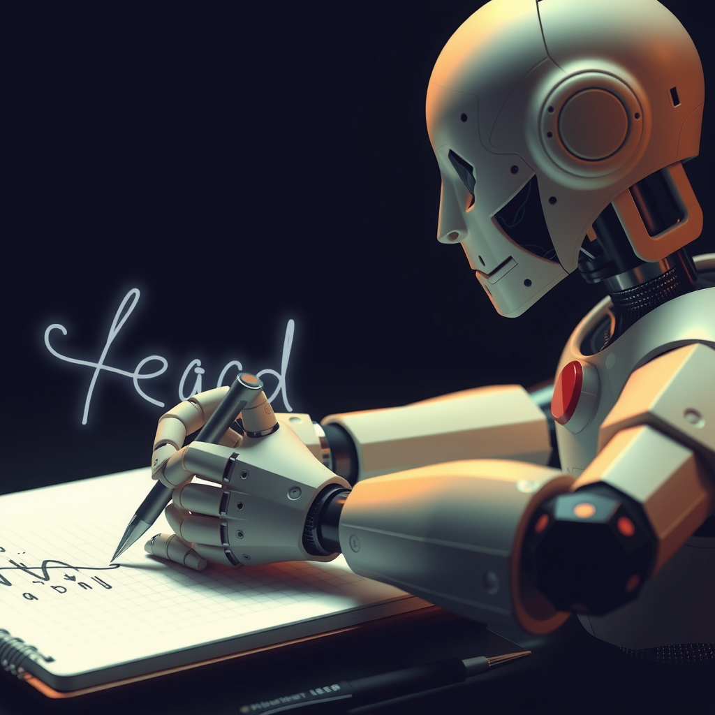 ai-generated image of an AI robot writing on a digital notepad, with words forming dynamically